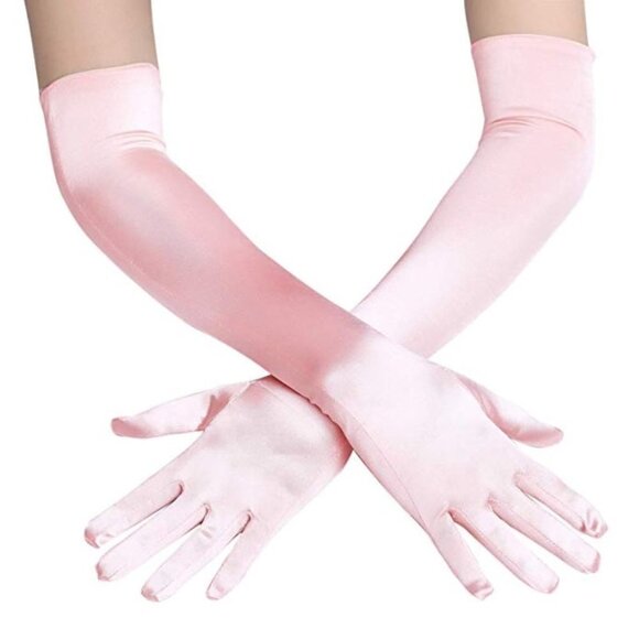 Girl Elbow Baby Pink Length Stretch Satin Long Flapper Gloves Evening Opera 20s - Picture 1 of 1